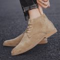 Fashion Brown Chelsea Boots Men British Style High Top Suede Leather Shoes For Men Lace-up Pointed Toe Design Men's Ankle Boot.