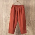 Women Summer Casual Loose Harem Elastic Waist Cotton Linen Pants Ninth Trousers. 