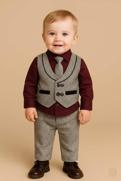 6 month to 7 years party dress set for baby boys with long tie , full shirt , full pant and fashionable vest/koti