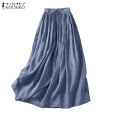 ZANZEA Elegant Faldas Flowy A-line Pleated Skirt 2024 Casual Women Elastic Waist Skirts Party Loose High Waist Solid Maxi Skirt. 