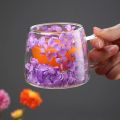 Double Wall High Borosilicate Clear Glass Cup Dried Flowers Glass Tea Cup Coffee Mug with Handle Heat Resistant Tea Cups.