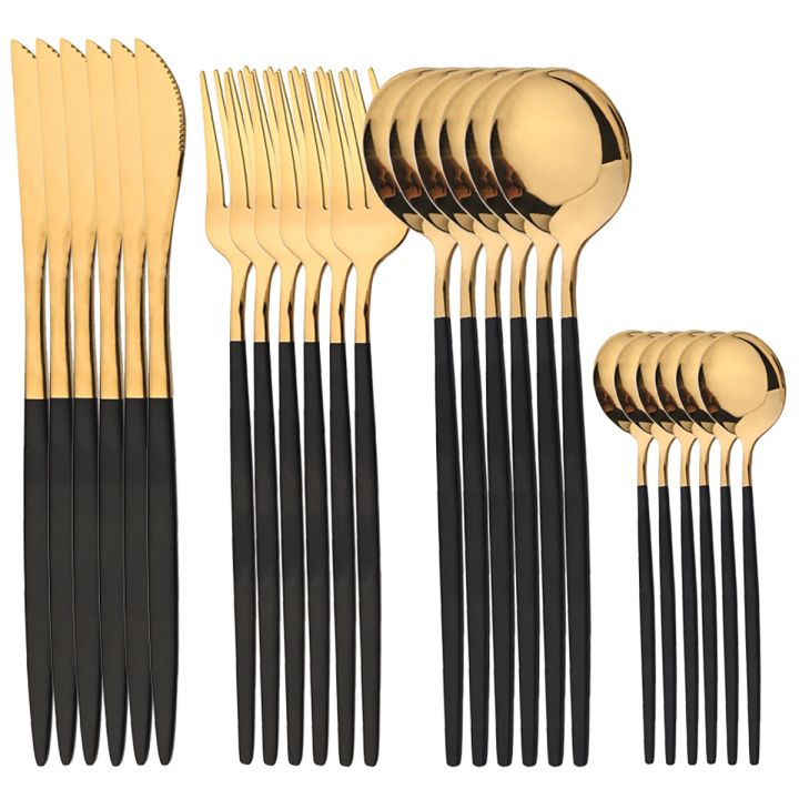 24pcs Gold Tableware Set Stainless Steel Dinnerware Set Mirror Fork Knife Coffee Spoon Cutlery Flatware Set Western Kitchen
