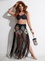 Plus Size Cover Ups Crochet Long Fringe Tassel Beach Dress Hollow Out Women Bikini Swimwear Bathing Suit Beachwear Tunics Skirt. 