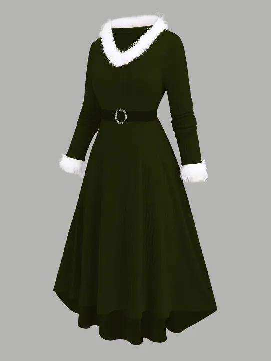 Plus%20Size%20Women's%20New%20Autumn%20and%20Winter%20Fashion%20Jacquard%20Furry%20Edge%20Long%20Sleeve%20V-Neck%20with%20Waist%20Belt%20Dress%20-%20Image%206