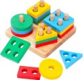 Intellectual Geometric Shape Matching Four Column Blocks Educational & Learning Toys, Wooden Geometric Shape Sorter Puzzle. 