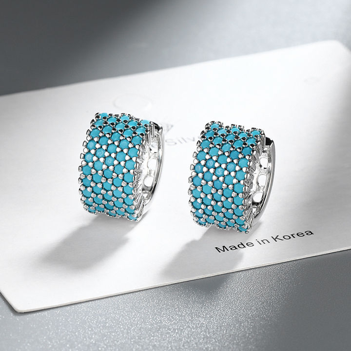 Luxury Simulated Blue Turquoise Round Hoop Earrings For Women Gold Silver Color Small Ear Buckle Wedding Jewelry Engagement Gift