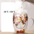 Best Quality Beautiful Double Wall Glass Flowers Particales Drink Mug, Heat Resistant Tea Cups, Coffee Mugs for Beverages Latte Milk, Various Designs sizes. 