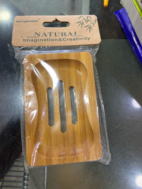 SOAP DISH COUNTER TOP BAMBOO WOOD WITH RUBBER PADS SQUARE SHAPED
