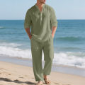 Linen Autumn New Men's Suit Beach Style Loose Casual Breathable V-Long Sleeve Henley Shirt with Straight-Leg Pants 2 Set. 