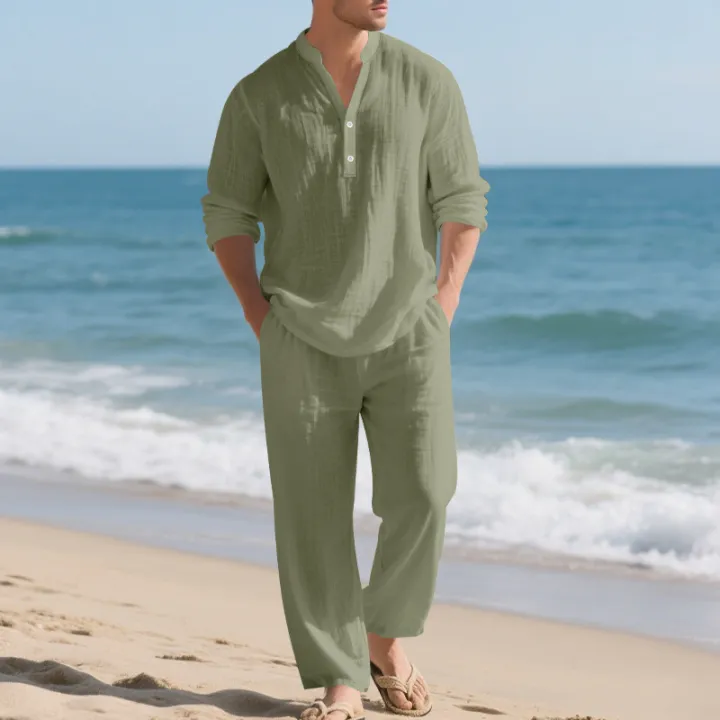 Linen%20Autumn%20New%20Men's%20Suit%20Beach%20Style%20Loose%20Casual%20Breathable%20V-Long%20Sleeve%20Henley%20Shirt%20with%20Straight-Leg%20Pants%202%20Set%20-%20Image%204