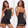 Women Ice Silk Pajamas Sleepwear Pajama Set Nightgowns Nightdress Camisole Shorts Black Red L XL Lace Casual Sexy Smooth. 