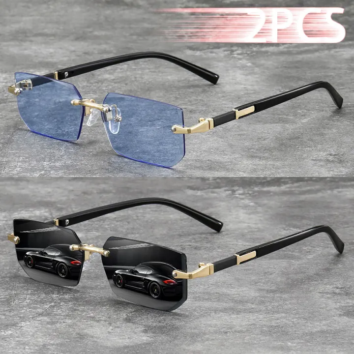 2PCS%20Metal%20Frame%20Colored%20Lenses%20for%20Women%20And%20Men%20Eyewear%20Unisex%20Luxury%20Fashion%20Sunglasses%20Rimless%20Rectangle%20Gradient%20Lens%20-%20Image%202
