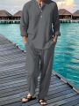 Men's Shirt Pants Suit Summer Breathable Beach Hawaiian Vacation Casual Long Sleeves Set Solid Color Loose Jogging Trousers.