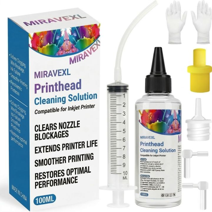 MIRAVEXL 100ml Printhead Cleaning Kit Liquid Solution for Epson Brother Inkjet Printer Head Unclog Cleaner Repair Tool