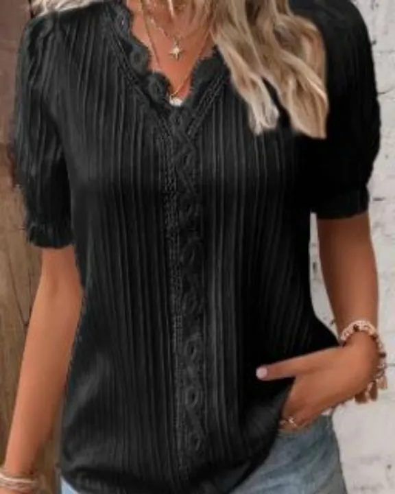 Plus%20Size%20Women's%20Shirt%20Blouse%20Yellow-green%20Violets%20White%20Plain%20Lace%20Short%20Sleeve%20Casual%20Basic%20V%20Neck%20Regular%20Pullover%20White%20Blo%20-%20Image%203