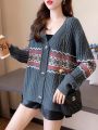 New Oversize Cardigan Women Korean Fashion Geometric V-Neck Ladies Knitted Sweater Thick Female Coat Winter Cardigans for Women 2023. 