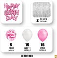 pack of 50 Pcs Happy Birthday Decoration Kit Combo For Boys Girls / Husband Wife / Brother Sister/ Father Mother / friend - Happy Birthday Pink polka dot Letters , Silver Curtains , Pink & White Theme Confetti Foil Balloons. 