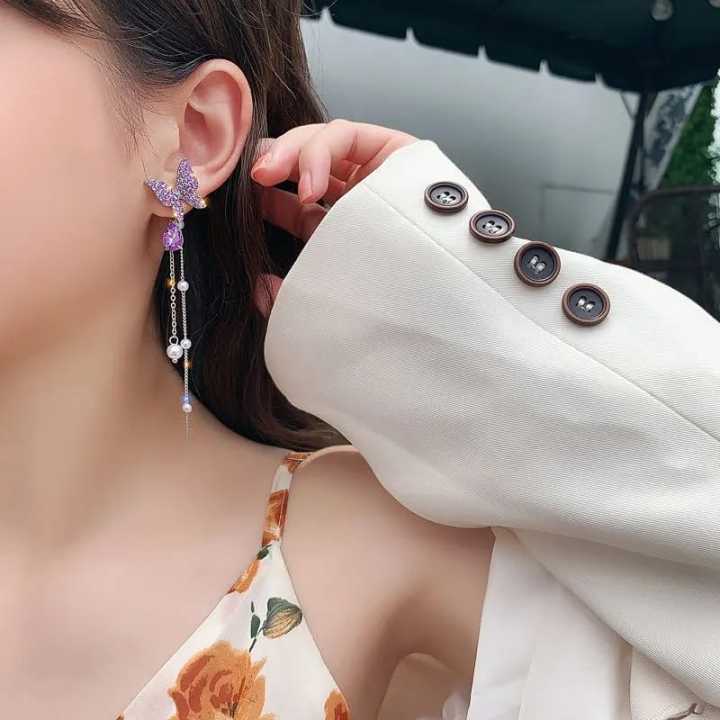 Korean White Crystal Butterfly Drop Earring For Women New Fashion Imitation Tassel Chain Rhinestone Earring Jewelry Gift
