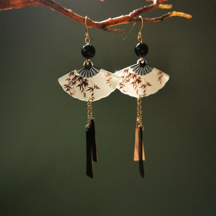 New Chinese Style Fan Resin Tassel Earrings for Women Fashion Trend Ear Hook Temperament National Style Jewelry Female Gift