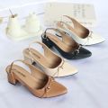 American Women Formal Sandals, Block Heels, Almond Toe, Vinyl Synthetic Leather, Year-Round Wear. 