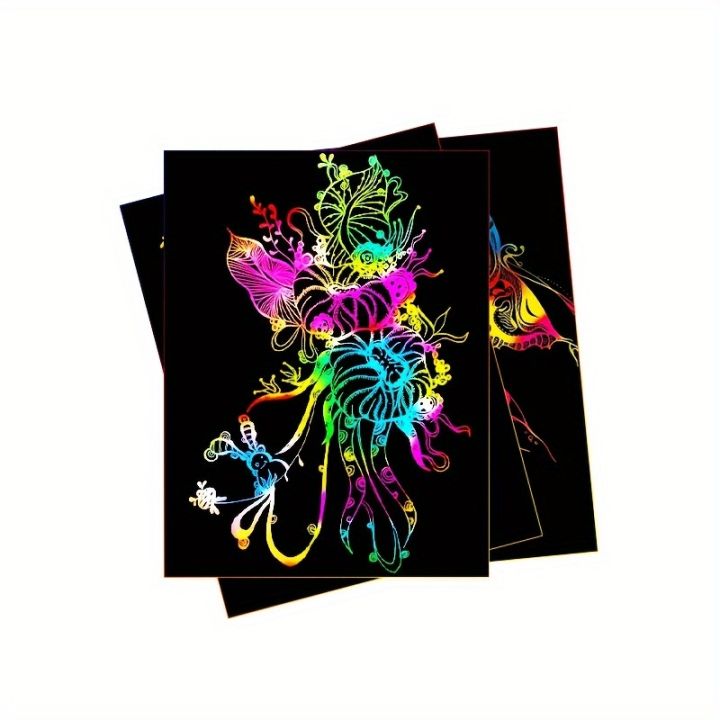 50%20pcs%20Scratch%20Paper%20Kids%20Rainbow%20Magic%20Scratch%20Off%20Paper%20Sheets%20Art%20Craft%20Kit%20Black%20Note%20Paper%20Drawing%20Pads%20with%20Stencils%20-%20Image%204