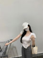 Sexy Slit Niche Design Crop Top Women Square Neck Slim Solid Short Sleeve Tee All-match Korean Popular Summer New Top. 