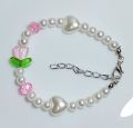 new elegant bracelet with Pink tulip flower Charm, trendy latest Crystal pearl beaded Bracelet Handmade, Elegant Pink Crystal latest cute charm Jewelry, Handcrafted stylish Crystal Bracelet, Pink beautiful Bracelet, affordable pink lover Fashion Bracelet. 