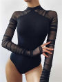 Weird Puss 2025 Mesh Patchwork Bodysuit  Women Sleeve Ruched Skinny Turtleneck Bodycon Elegant Wild Tops Streetwear Outfits. 