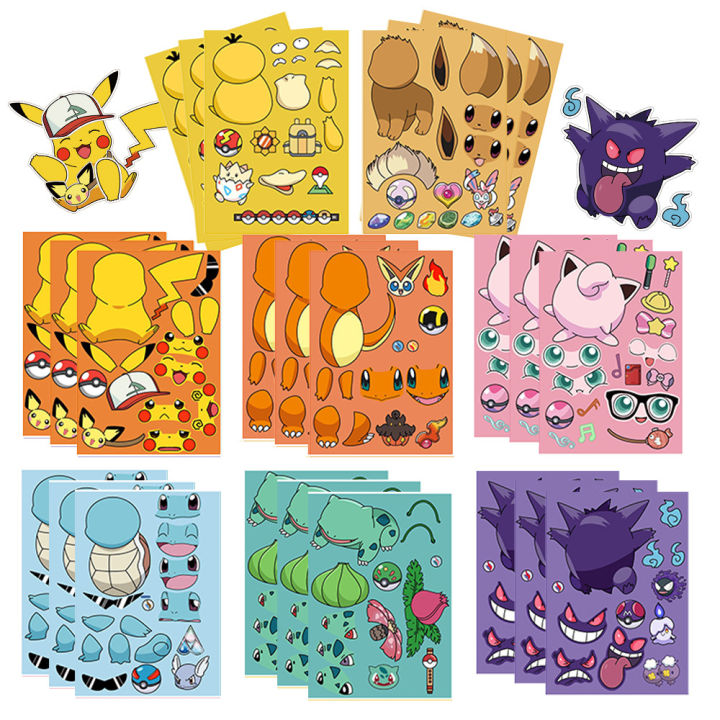 8/16sheets Pokemon Anime Pikachu Gengar Puzzle Stickers Make A Face Children Cartoon DIY Assemble Jigsaw Decals Kids Party Decor