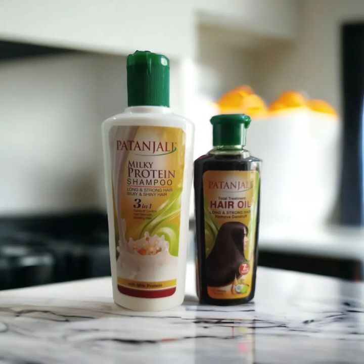 100% Original Patanjali Total Treatment Hair Oil & Milk Protein Shampoo with natural ingredients for Long & Strong Hair - Herbal hair oil for Hair fall - Hair Regrowth Oil - Hair Food Oil For Long And Thick Hair