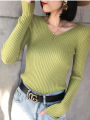 2026 Autumn Winter Women Solid Rib Knit V Neck Stripe Pull Sweater Femme Long Sleeve Pullover Jersey Tops Fashion Clothes Y2k. 