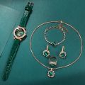 6PCS Set Green Luxury Quartz Watch Women Ring Necklace Earring Rhinestone Fashion Wristwatch Casual Ladies Bracelet Watches.