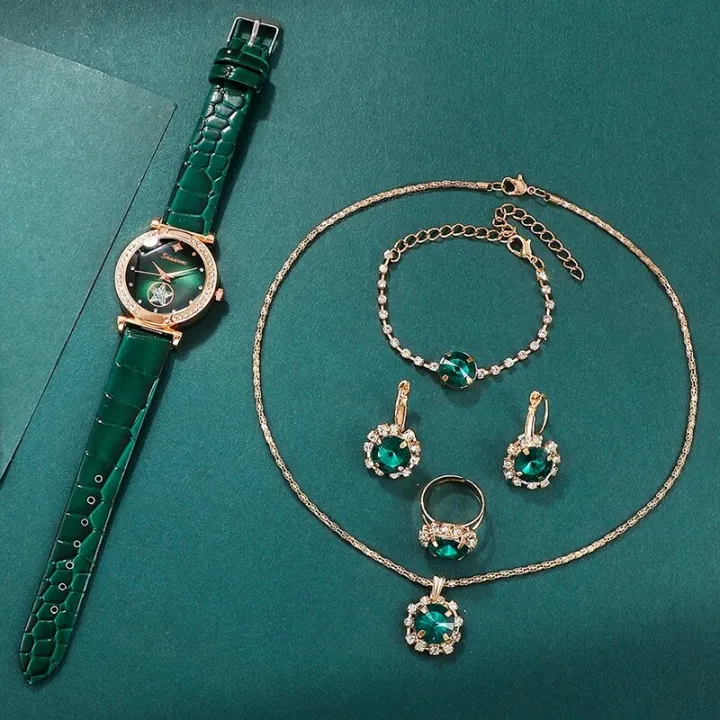 6PCS%20Set%20Green%20Luxury%20Quartz%20Watch%20Women%20Ring%20Necklace%20Earring%20Rhinestone%20Fashion%20Wristwatch%20Casual%20Ladies%20Bracelet%20Watches%20-%20Image%203