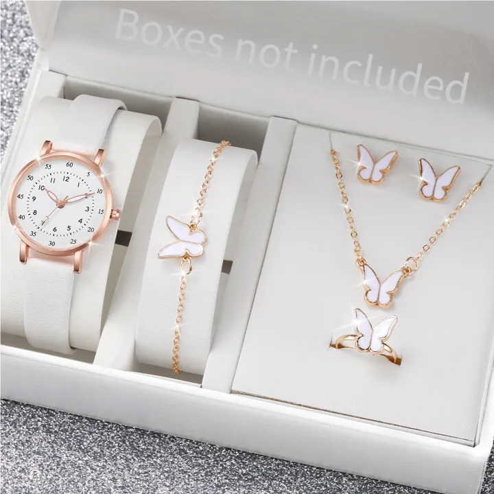 6PCS/Set Women's Quartz Watch Fashion Arabic Dial Leather Band Quartz Watch Jewelry Set（Without Box）