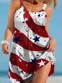 Plus Size Star Print Slip Dress Casual Sleeveless Crew Neck Dress For Spring & SummerWomen's Plus Size Clothing.