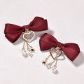 Fashion 2 Pcs Bow Tie Hairpin For Girl With Metal Heart and Golden Pearl Baby and Lady Silk Hair Headpiece For Daily Dressing. 