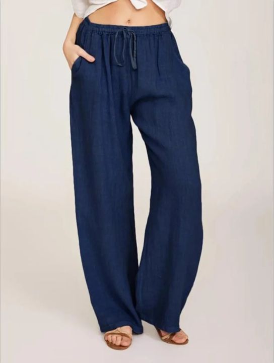 Women's%20Cotton%20Linen%20Pants%20Casual%20Loose%20Solid%20Elastic%20Waist%20Pocket%20Straight%20Trousers%20Ladies%20Oversize%20Wide%20Leg%20Pant%20Streetwear%20-%20Image%204