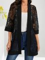 Plus Size Lace Jacket for Women Black Floral Pattern Casual Style Medium Stretch Fabric All Seasons Floral Pattern Cardigan.