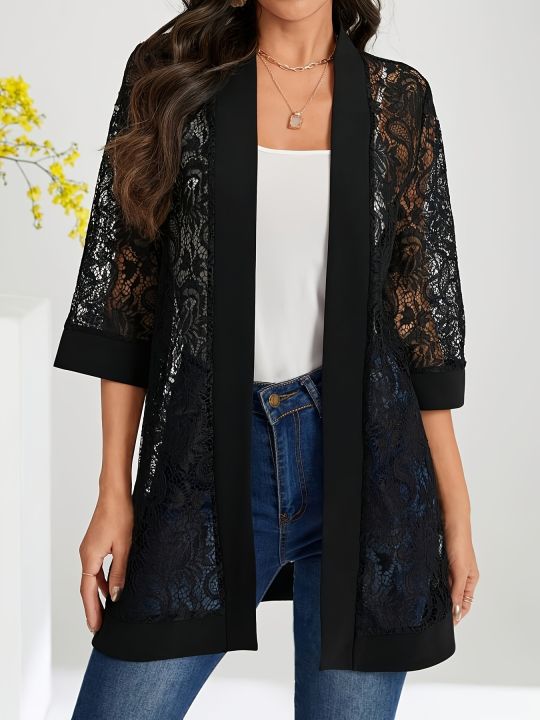 Plus Size Lace Jacket for Women Black Floral Pattern Casual Style Medium Stretch Fabric All Seasons Floral Pattern Cardigan