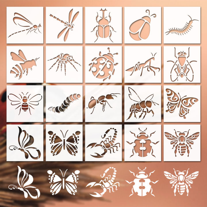 YOMDID 20pcs Insect Series Painting Hollow Out Stencils Reusable DIY Dragonfly, Bee, and other Insect Pattern Graffiti Templates