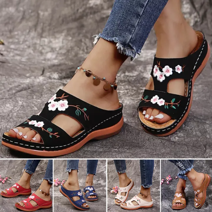 Women Embroidery Slide Sandals Vintage Embroidery Design PU Leather Slipper Gift for Christmas Birthday New Year