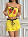 Plus Size 2025 Summer New Spice Girls Letter Bustier Top Lace Up Bowknot Halter Skirt Two Piece Set Trendy . 