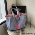 Large Capacity Tote Double-sided New Striped Casual Single Shoulder Textured Embroidered Canvas Bag for Students. 