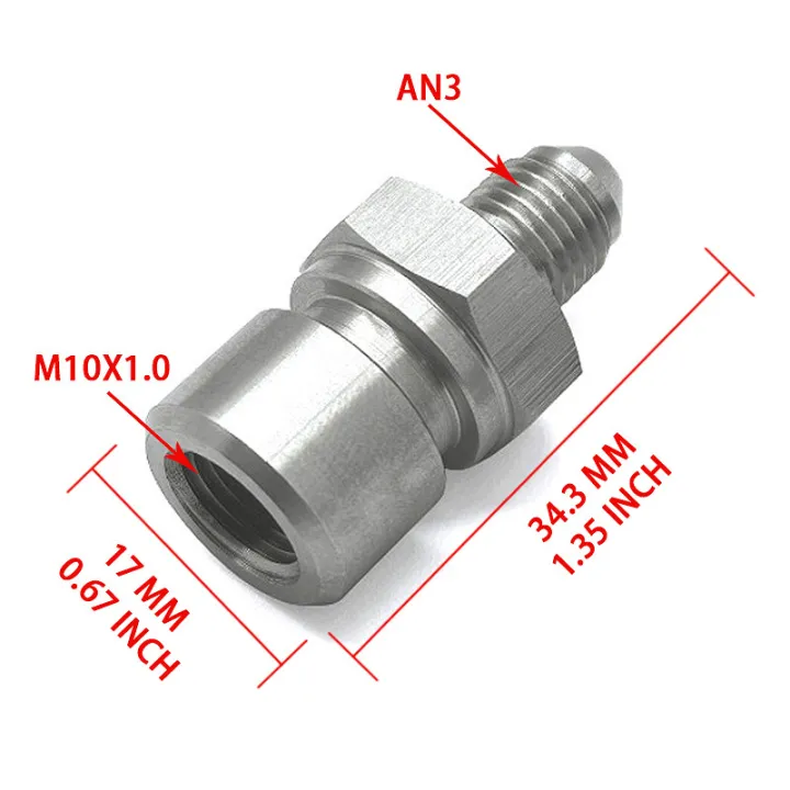 Stainless%20Steel%20Brake%20Line%20Adapter%203AN%20Male%20to%20M10x1.%200%20Female%20Metric%20Inverted%20Flare%20-%20Image%204