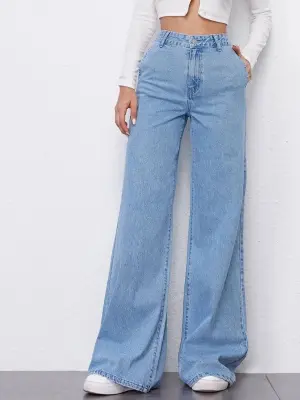 light blue high waist wide leg denim jeans for women