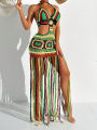 Women Summer Crochet Halter Deep V Neck Cover Ups Multicolor Swimsuit Long Tassel Bikini Knit Dress Cover-Ups Backless Beachwear. 