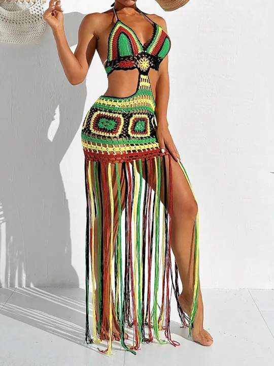 Women%20Summer%20Crochet%20Halter%20Deep%20V%20Neck%20Cover%20Ups%20Multicolor%20Swimsuit%20Long%20Tassel%20Bikini%20Knit%20Dress%20Cover-Ups%20Backless%20Beachwear%20-%20Image%204