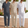 Men's Casual Two Piece Sets Solid Color Lapel Short Sleeve Tops and Long Pants Suits Spring Summer Fashionable Men Sets Clothing. 