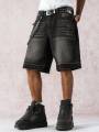 Men's Spring and Summer Street Fashion Casual Frayed-Hem Loose Wide-Leg Black Denim Shorts. 