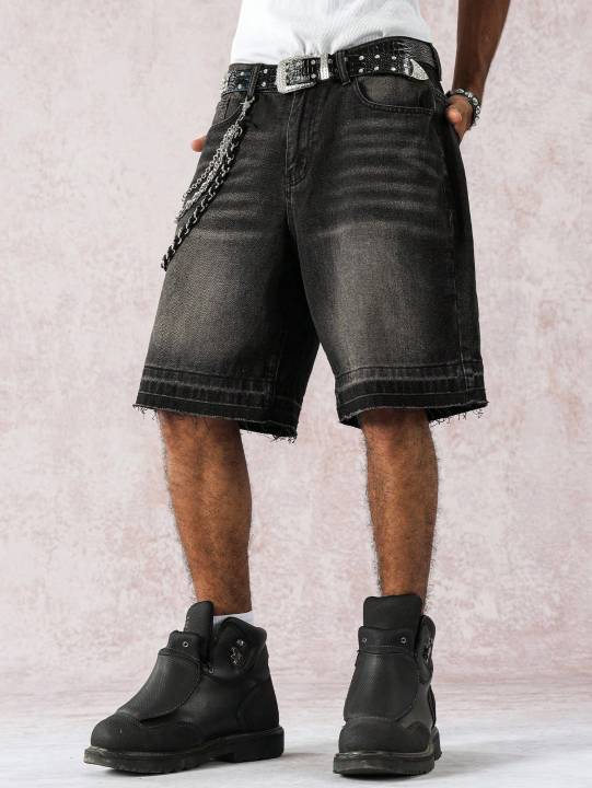 Men's%20Spring%20and%20Summer%20Street%20Fashion%20Casual%20Frayed-Hem%20Loose%20Wide-Leg%20Black%20Denim%20Shorts%20-%20Image%202